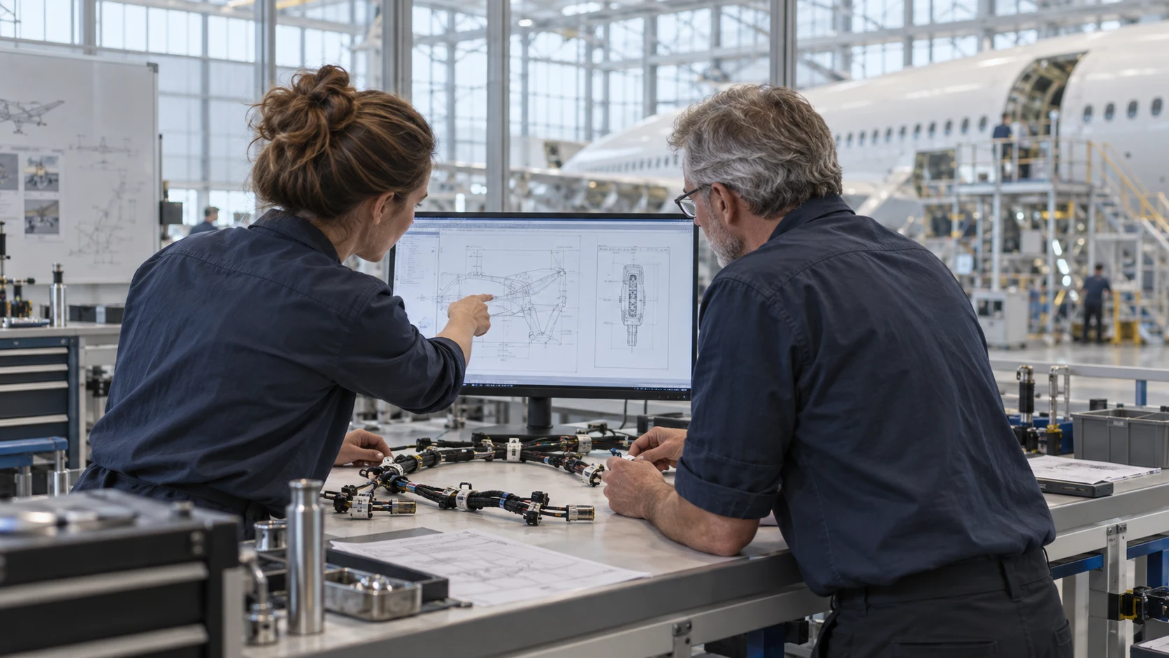 Concept image of two engineers reviewing a wiring harness in an aircraft laboratory.