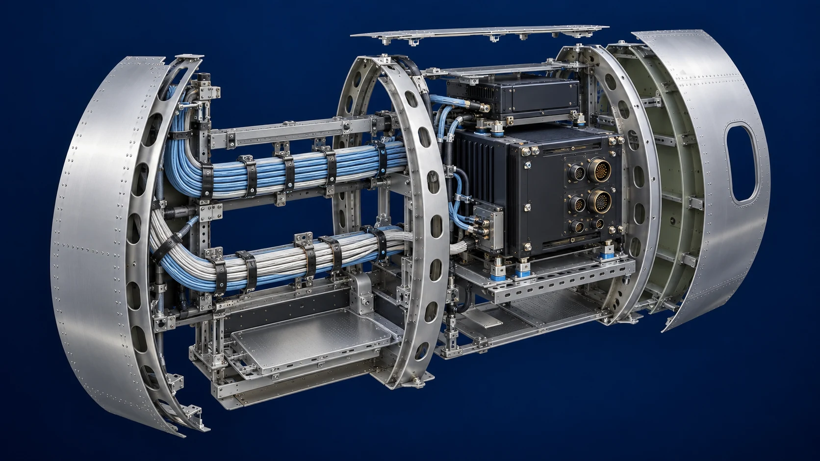 Concept rendering of aircraft structural ribs, cable bundles and an avionics module.